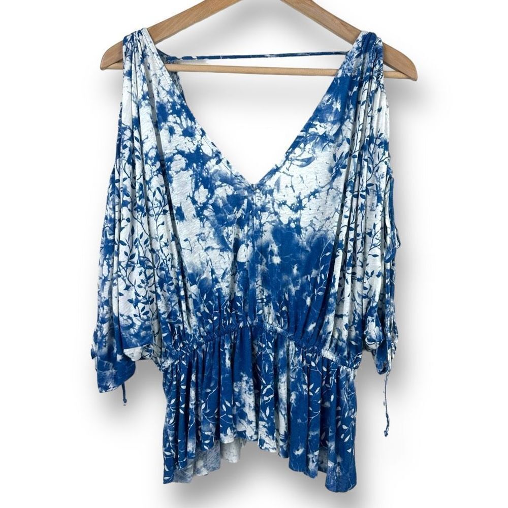 Free People‎ Women's S Abacadabra Cold Shoulder Vneck Blue Floral Plunge Back